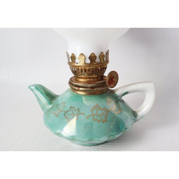 Vintage Souvenir Miniature Oil Lamp With Plate Royal Mounted Police Lusterware - Picture 7 of 10